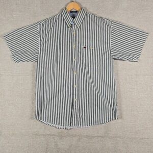 BB Classics Mens Large Short Sleeve Button Down Shirt Striped Black White Cotton